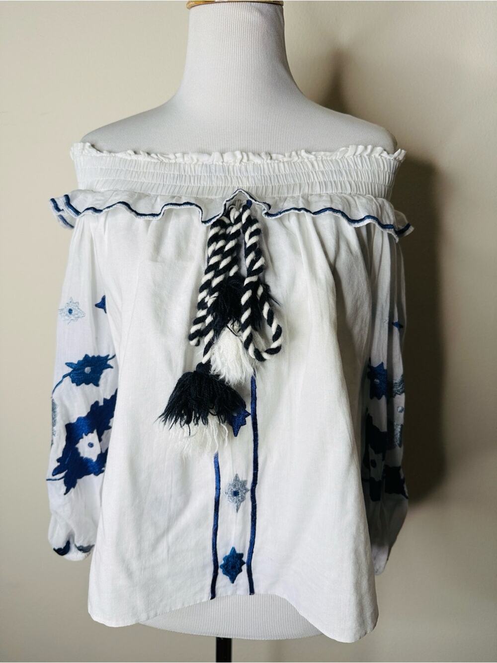 Misa Los Angeles White and Blue Off Shoulder Embroidered Tassel Front Top